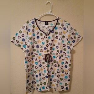 Cherokee Studio Peace Sign Scrub Top XL White Multicolor V-Neck
